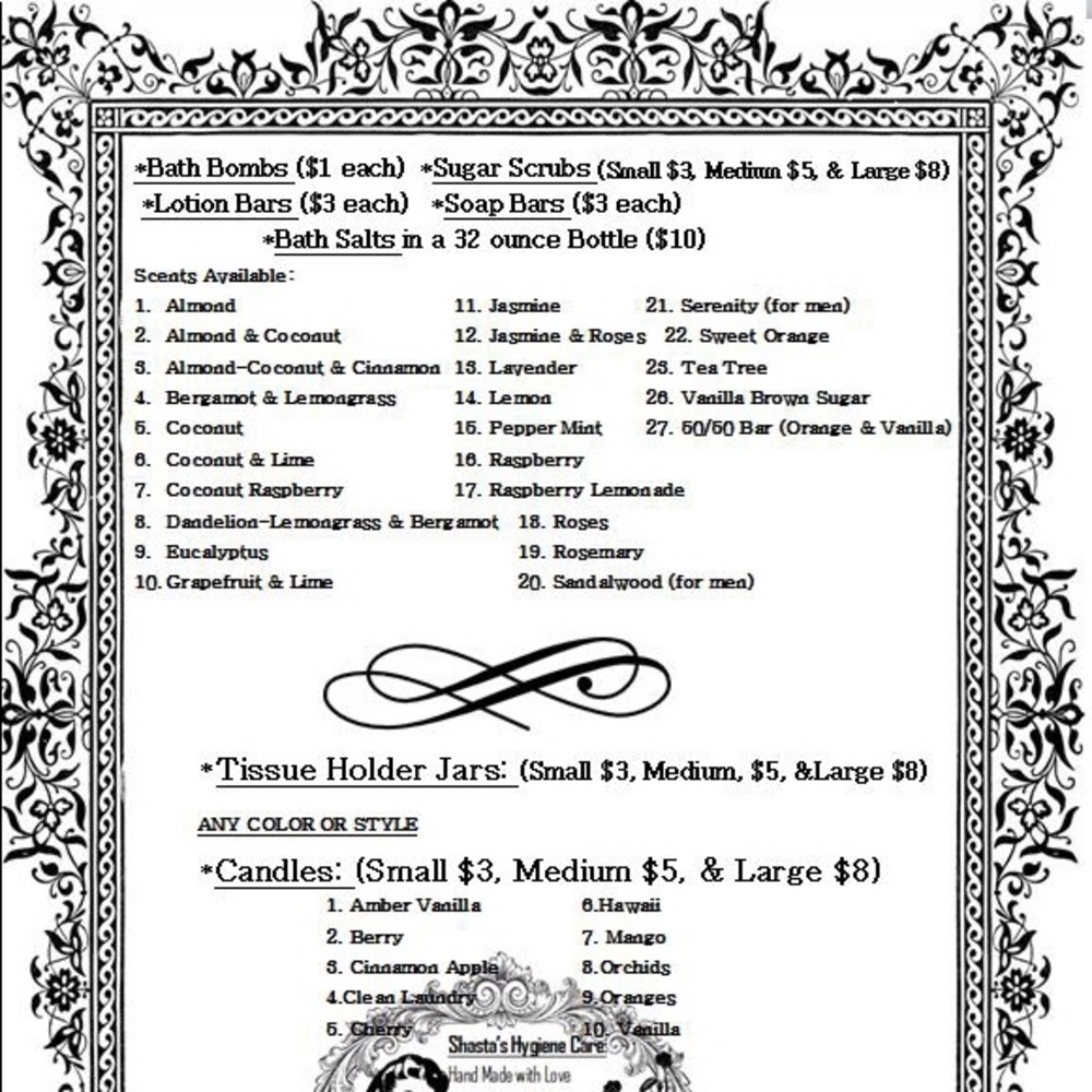 Tissue jars, candles, soap bars, lotion bars, etc!